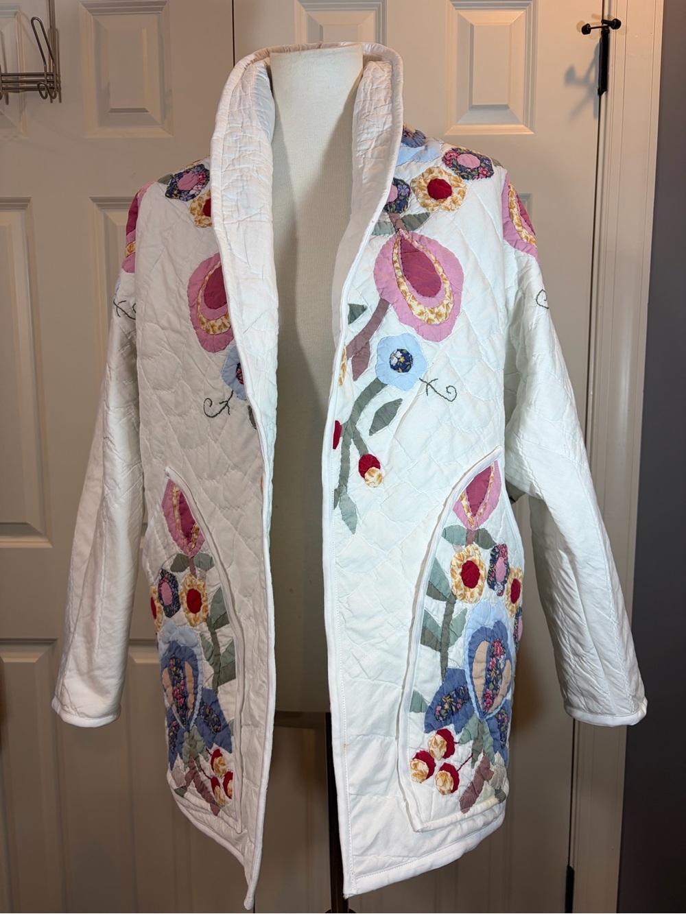 Upcycled quilt coat, White with Floral Appliqués